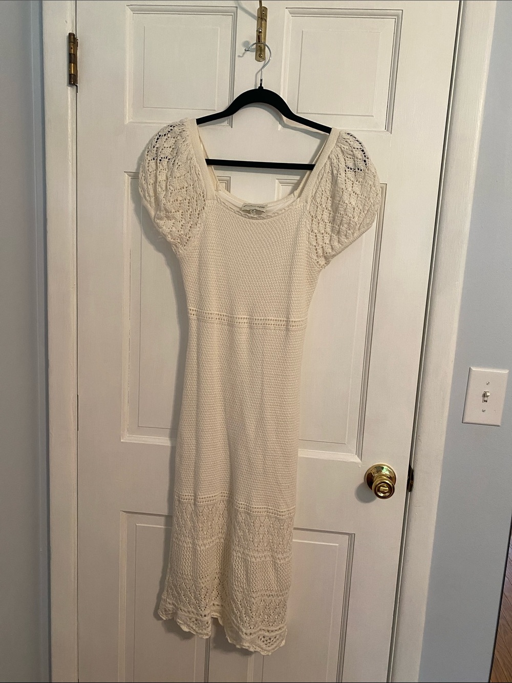 Cream Knit Midi Dress with Puff Sleeves and Crochet Hem